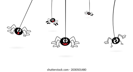 Cartoon spiders hanging on web spider. Vector illustration isolated on white background