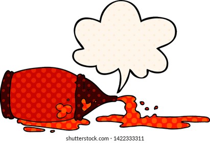 cartoon spilled ketchup bottle with speech bubble in comic book style