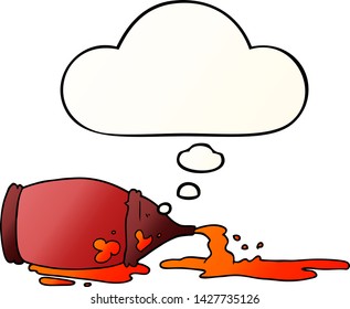 cartoon spilled ketchup bottle with thought bubble in smooth gradient style