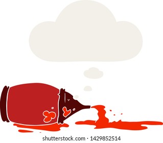 cartoon spilled ketchup bottle with thought bubble in retro style