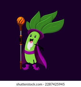 Cartoon spinach Halloween vegetable wizard, witch and mage character. vector greenery magician personage with magic staff promoting healthy eating habits, recipe books, or vegetarian or vegan products