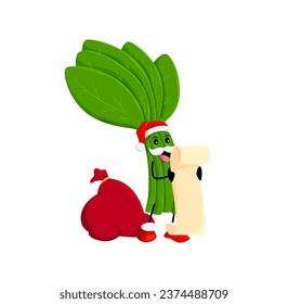 Cartoon spinach vegetable character with gifts bag. Isolated vector Christmas holiday Santa claus green personage reading scroll with the wishes near the sack with presents. Comic Noel or Nicholas