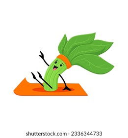 Cartoon spinach vegetable character in yoga pose. Vector funny greenery vitamin food personage sitting on mat seeking balance of body and mind. Healthy lifestyle, sports class, health or yogi practice