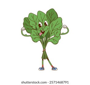 Cartoon spinach vegetable groovy character. Vegetarian food fresh vegetable 60s 70s cartoon personage. Farming ripe veggie vintage groovy isolated vector character or spinach leaves funny mascot