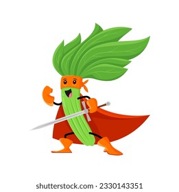 Cartoon spinach vegetable super hero character with sword. Isolated vector greenery brave warrior or knight, superhero personage in cape and mask ready for fight. Funny fairytale healthy vitamin food