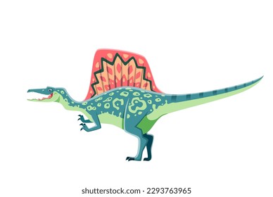 Cartoon Spinosaurus dinosaur character. Extinct monster, prehistoric dinosaur or ancient wildlife animal. Jurassic era reptile, paleontology Spinosaurus lizard vector comic personage with spine hump