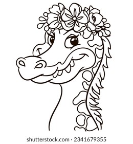 Cartoon spinosaurus dinosaur in floral crown. Cute baby animal nursery print