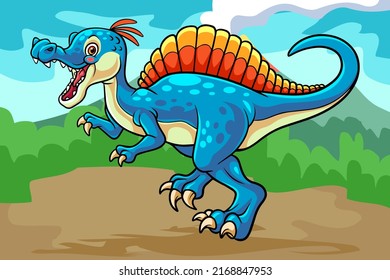 cartoon spinosaurus mascot isolated on erupting mountain scenery background