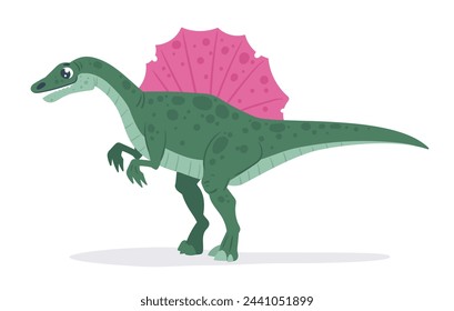 Cartoon spinosaurus predator. Jurassic era spinosaurus dinosaur, meat-eating spinosaurus dino, carnivorous ancient reptile flat vector illustration. Spinosaurus dinosaur on white