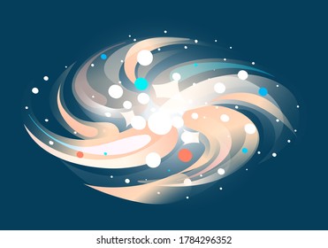 Cartoon spiral galaxy in deep space, Andromeda galaxy, milky way, shiny stars, celestial body, solar system, space background with milky way flat style, dark blue universe, moving spiral object