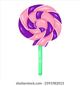 Cartoon spiral lollipop candy. Cute purple and pink sweet lollipop candy on stick. Hand drawn flat vector illustration isolated on a white background.