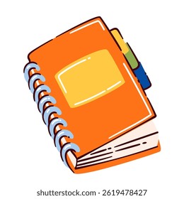 Cartoon spiral notebook art tool with orange cover and colorful tabs, drawn in fun doodle style. Cute spiral notebook art tool for creative notes. Vector illustration.