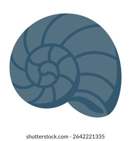 Cartoon spiral shell in dark marine color. Flat vector illustration with curved line pattern.