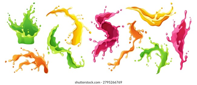 Cartoon splash collection with vibrant fruit liquid bursts in yellow, orange, green and pink colors. Dynamic splashing swirls and drops - juicy vector illustrations for drink and fresh juice designs.