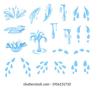 Cartoon splashes and drops. Tears, sweat or water spray and flow, falling blue water droplets. Raindrops, puddle isolated vector set. Stress and depression drops, flowing pure water