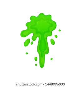 Cartoon splatter of green slime liquid with stray drops, colorful blob of mucus splattered on the surface, poison or bacteria splat stain in abstract shape - isolated vector illustration