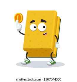 cartoon sponge for washing dishes mascot keeps the coin on white background