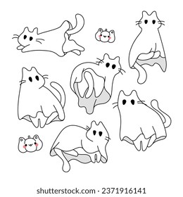 Cartoon spooky baby character. Vector illustration for greeting card. Collection of cute flying kittens spirit. Set of cute ghost cats. Halloween pets. Boo. 