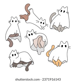 Cartoon spooky baby character. Vector illustration for greeting card. Collection of cute flying kittens spirit. Set of cute ghost cats. Halloween pets. Boo. 