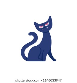 Cartoon spooky black witch cat with devil eyes standing on abstract floral background elements. Halloween holiday symbol, trick or treat traditional autumn horror kids celebration. Vector illustration