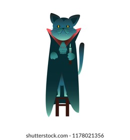 Cartoon spooky black witch cat with devil eyes standing in cape holding candle Halloween holiday symbol, trick or treat traditional autumn horror kids celebration. Vector illustration