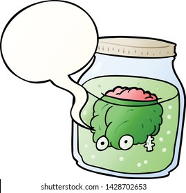 cartoon spooky brain floating in jar with speech bubble in smooth gradient style