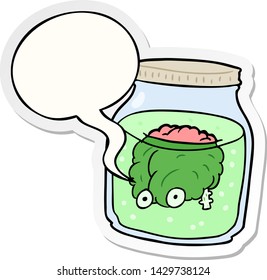 cartoon spooky brain floating in jar with speech bubble sticker