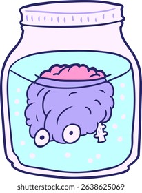 cartoon spooky brain floating in jar in bright neon colors