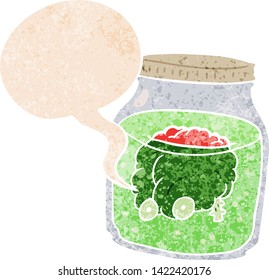 cartoon spooky brain in jar with speech bubble in grunge distressed retro textured style