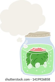 cartoon spooky brain in jar with thought bubble in retro style