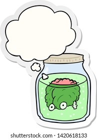 cartoon spooky brain in jar with thought bubble as a printed sticker