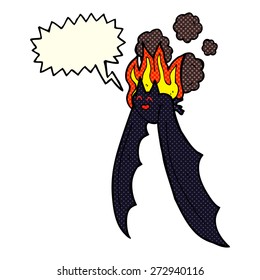 cartoon spooky burning bat with speech bubble