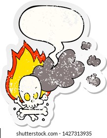 cartoon spooky burning bones with speech bubble distressed distressed old sticker