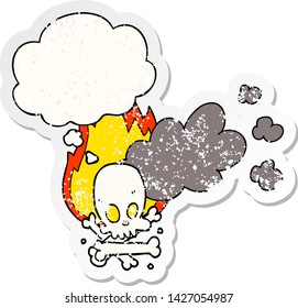 cartoon spooky burning bones with thought bubble as a distressed worn sticker