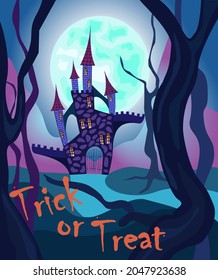 Cartoon spooky castle, dry trees and the inscription Trick or Treat on the background of the glowing turquoise moon. The illustration can be used for greeting card, banner, flyers, posters.
