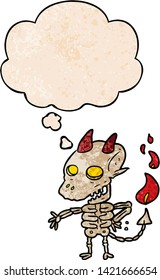 cartoon spooky demon with thought bubble in grunge texture style