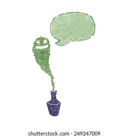 cartoon spooky ghost in bottle with speech bubble