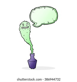 cartoon spooky ghost in bottle with speech bubble