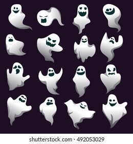 Cartoon spooky ghost character collection ghosts. Spooky ghost scary holiday monster design halloween ghost set. White costume evil silhouette ghost character on black. Vector halloween ghosts