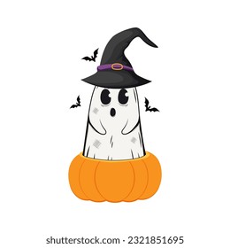 Cartoon spooky ghost character with pumpkin. Hallowwen spooky creatures.Vector illustration