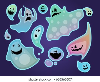 Cartoon spooky ghost character scary holiday monster costume evil silhouette creepy phantom spectre apparition vector illustration.