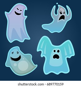 Cartoon spooky ghost character scary holiday monster costume evil silhouette creepy phantom spectre apparition vector illustration.