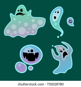 Cartoon spooky ghost character scary holiday monster costume evil silhouette creepy phantom spectre apparition vector illustration.