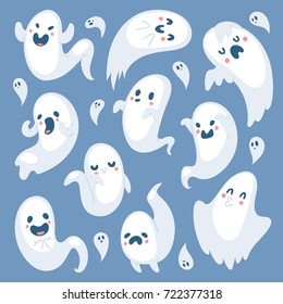 Cartoon spooky ghost Halloween Day celebrate character scary monster costume evil silhouette creepy vector illustration.