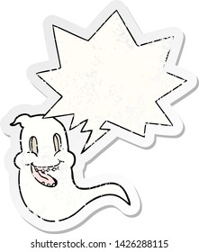 cartoon spooky ghost with speech bubble distressed distressed old sticker