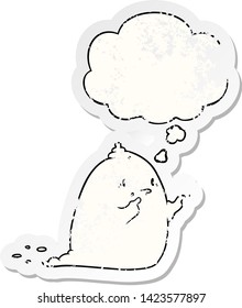 fantasma espeluznante de caricatura con burbuja de pensamiento como pegatina gastada angustiada