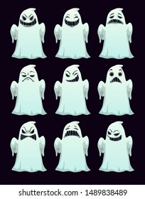 Cartoon spooky ghosts with different emotions. Funny Halloween stickers set.