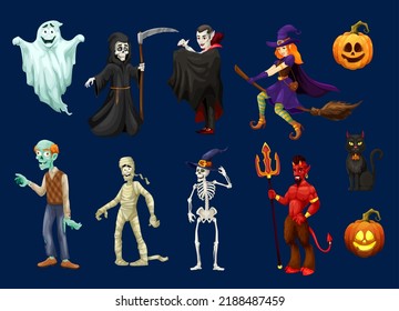 Cartoon spooky Halloween character personages. Vector ghost, grim reaper, witch on broom or vampire and jack-o-lantern. Pumpkin with zombie, mummy and skeleton in hat with devil or demon isolated set