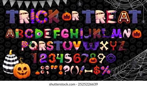 Cartoon spooky Halloween font or funny evil type and scary typeface, vector English holiday alphabet. Halloween holiday font of spooky characters in letters with boo ghost, witch and monster sweets