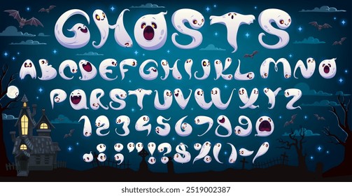 Cartoon spooky Halloween ghosts font or scary typeface and horror evil type, vector funny monster alphabet. Cartoon spooky alphabet for Halloween font with cute ghost characters for scary typeface